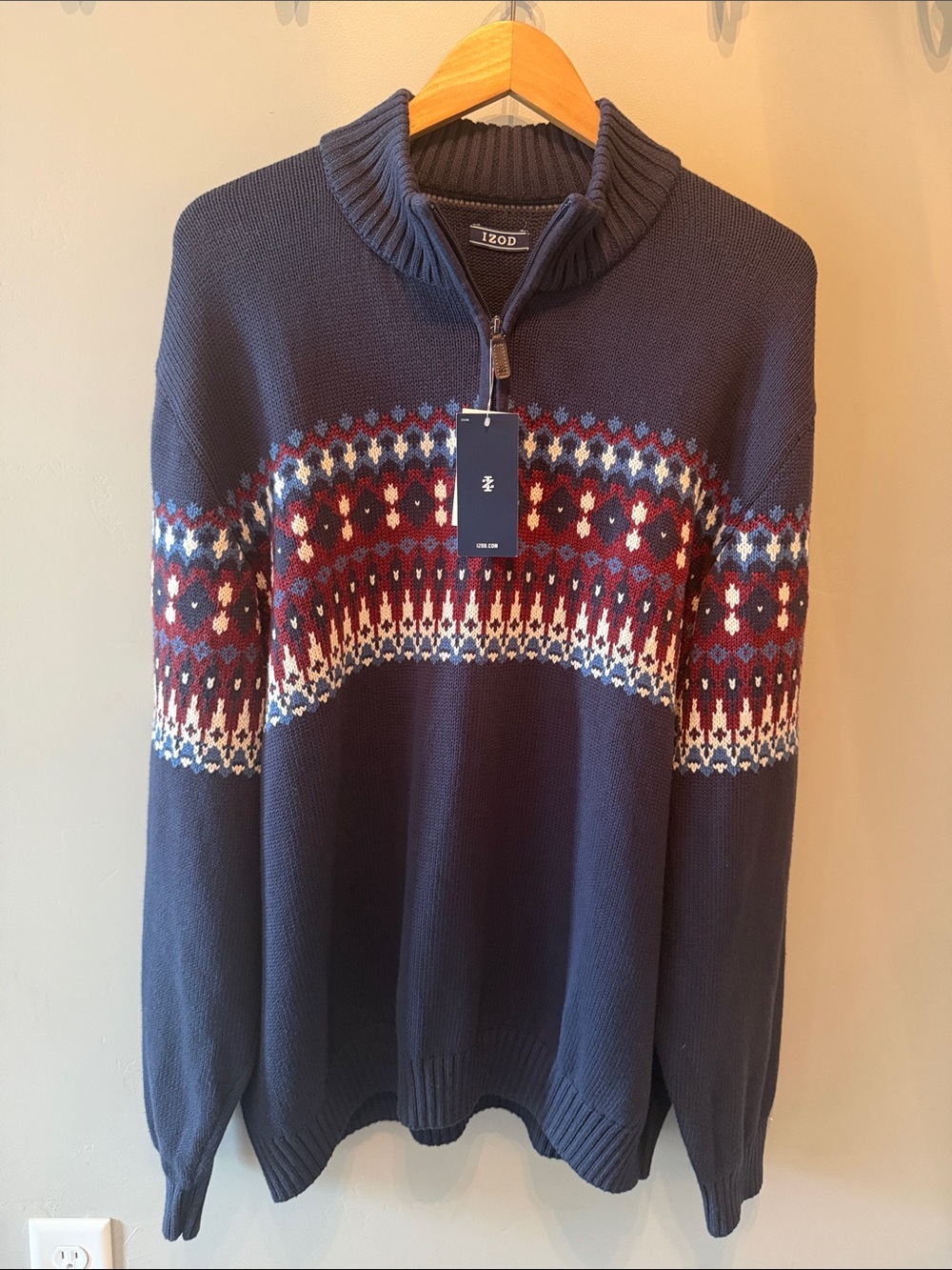 Izod Men’s Navy Fair Isle Quarter Zip Sweater Size XXL